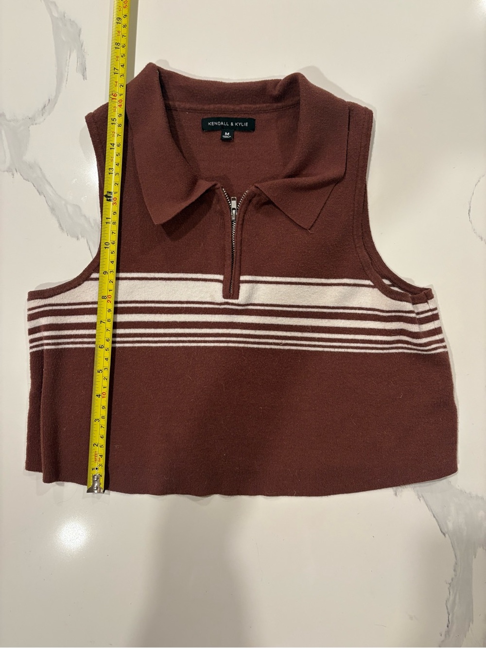 Kendall & Kylie Brown Striped Quarter-Zip Cropped Sweater Vest Medium